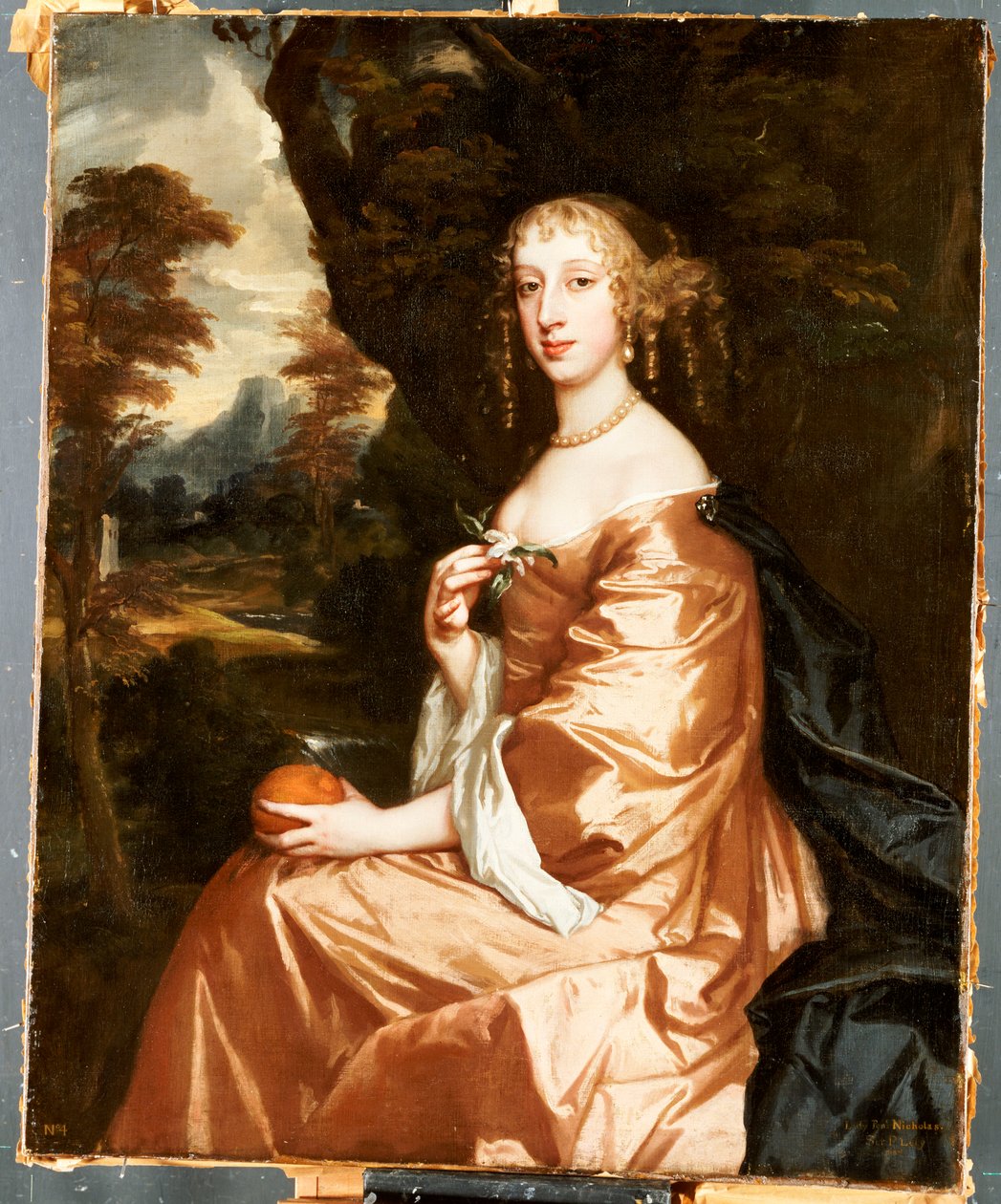 Portrait of Lady Penelope Nicholas, Holding an Orange in a Landscape by Peter Lely