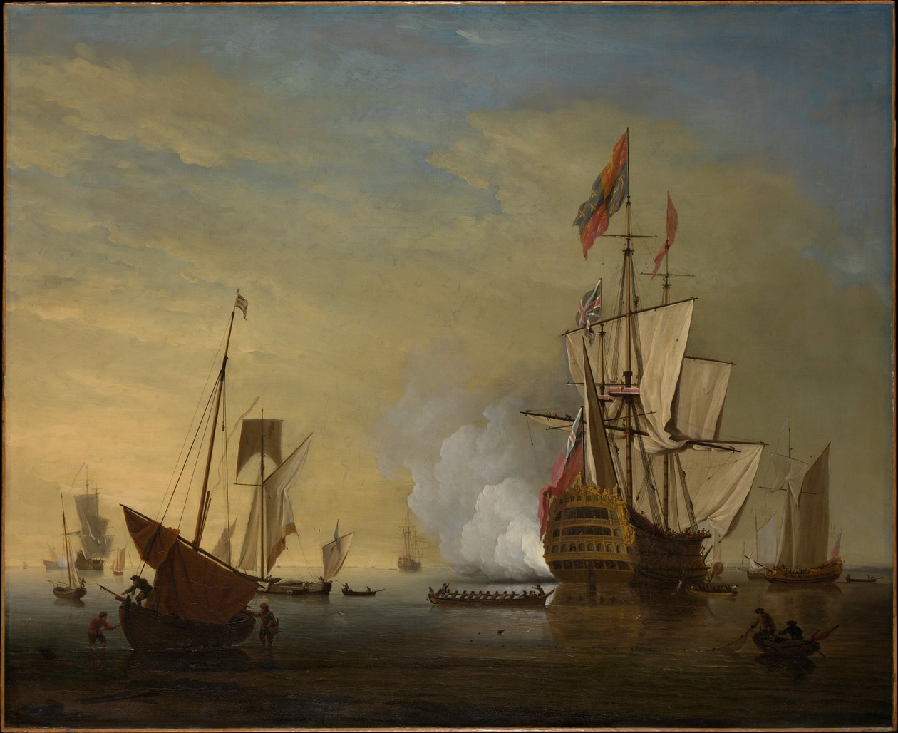 Harbor Scene: An English Ship with Sails Loosened Firing a Gun by Peter Monamy