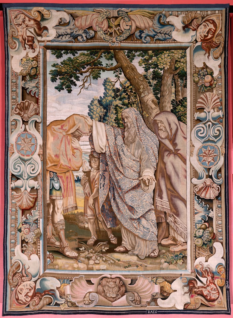 Flemish tapestry. Series History of the consul Decius Mus. Valerius blesses Decius. Fourth tapestry in the series. Model PP Rubens. Manufacture Jan Raes II, Brussels. Ca 1620-1629. Fabric Gold, silver, silk and wool. Size 405 x 330 cm. Location Royal Palac by Peter Paul (after) Rubens