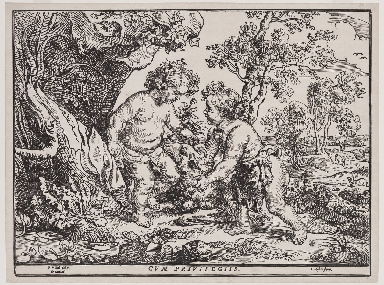 Infant Christ and Saint John Playing with a Lamb, Engraving by Christoffel Jegher by Peter Paul (after) Rubens