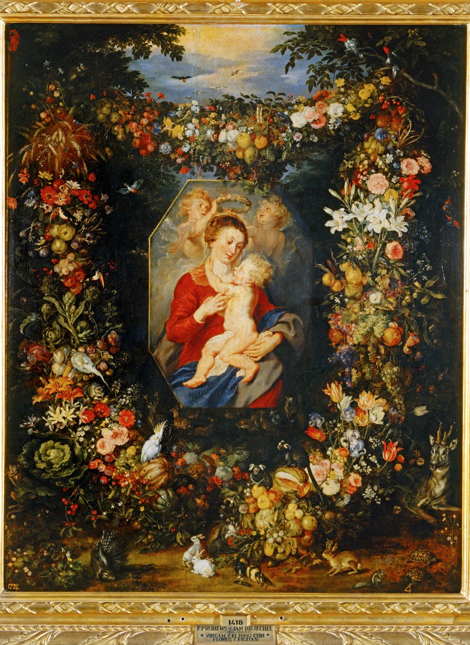 Mary Virgin and Child with Wreath of Flowers and Fruits by Peter Paul & Brueghel Jan (1601 78) Rubens