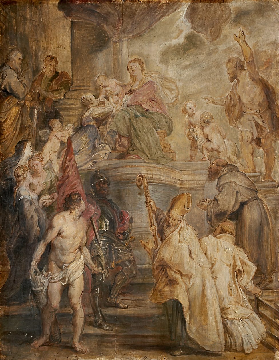 The Mystic Marriage of St Catherine (Colour Sketch for the Altar of the Church of the Augustinian Fathers in Antwerp), verso: Two Cavalry Battles by Peter Paul Rubens