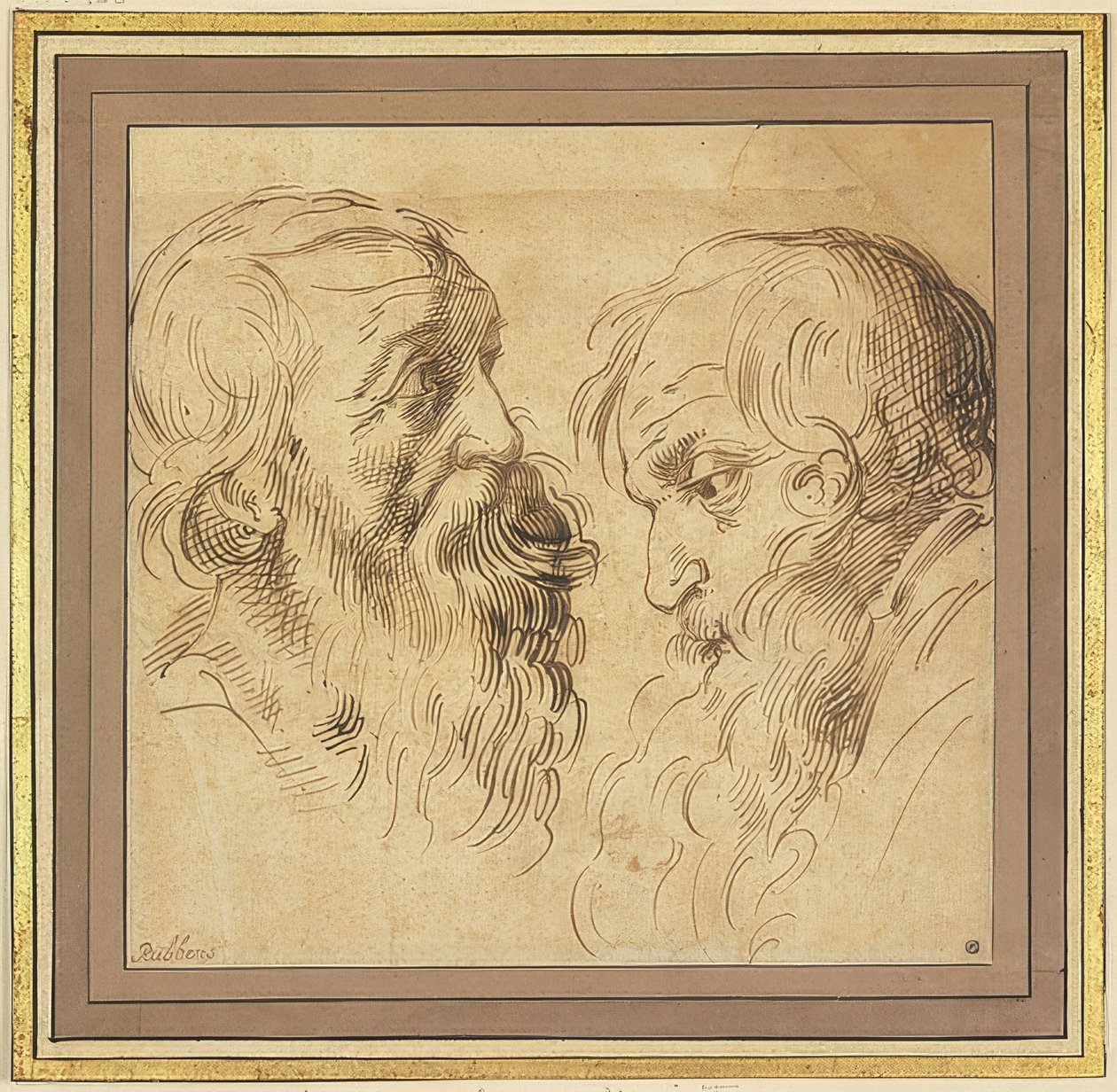 Two Bearded Heads in Profile Facing Right and Left
