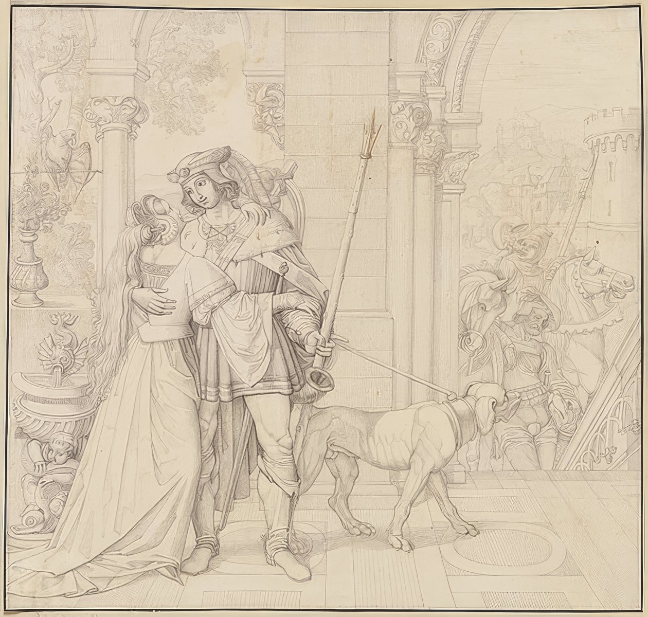 Seven Drawings for the Nibelungen: 4. Siegfried Armed for the Hunt. 1812-17 by Peter von Cornelius