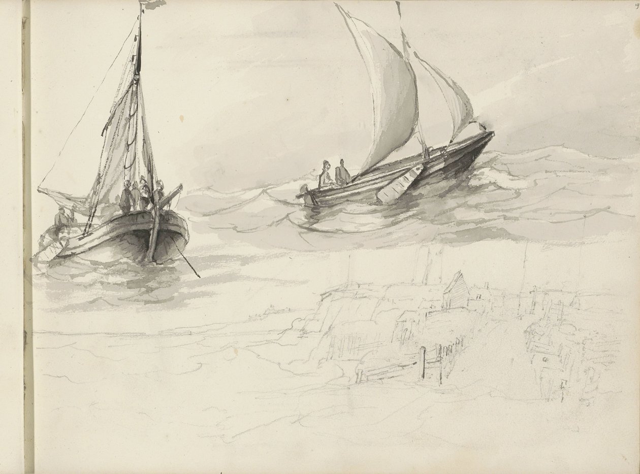 Two Sailing Ships with Figures at Sea by Petrus Johannes Schotel (circle of)