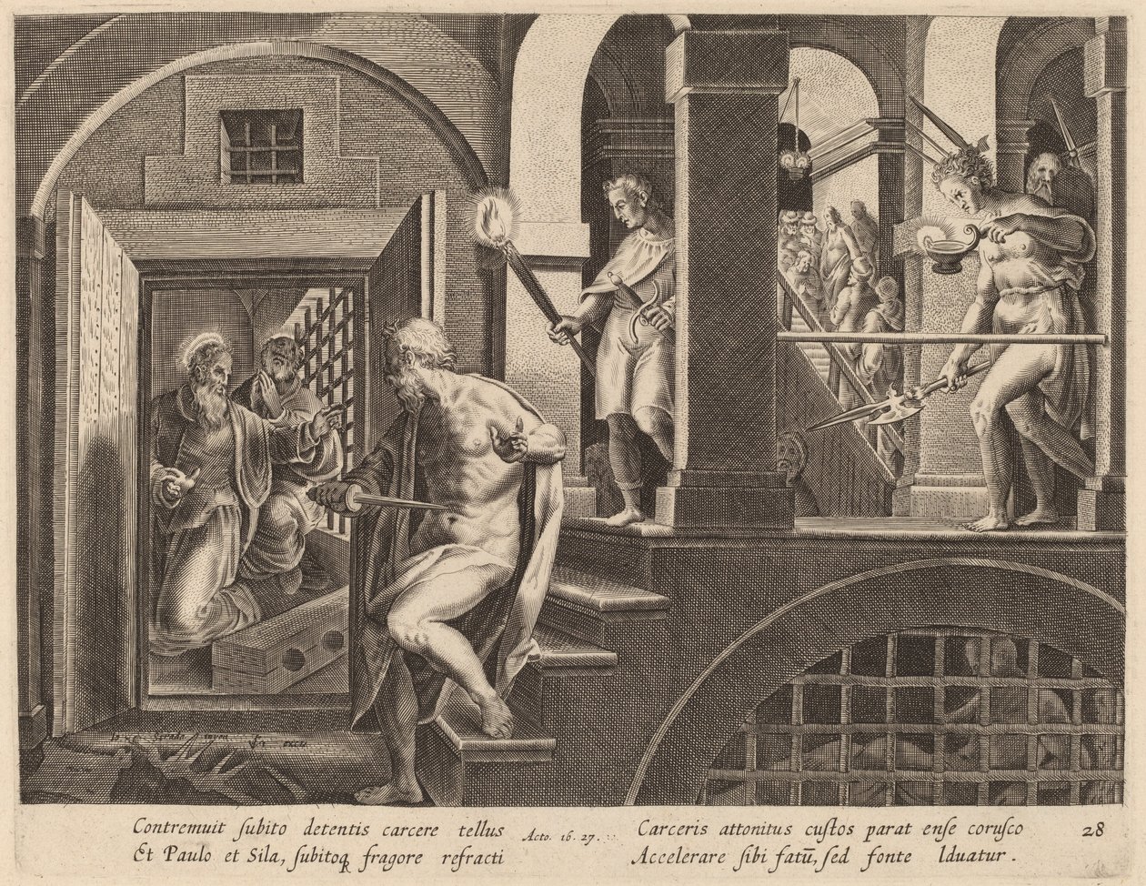 The Jailer about to Kill Himself, Converted by Saint Paul by Philip Galle after Jan van der Straet