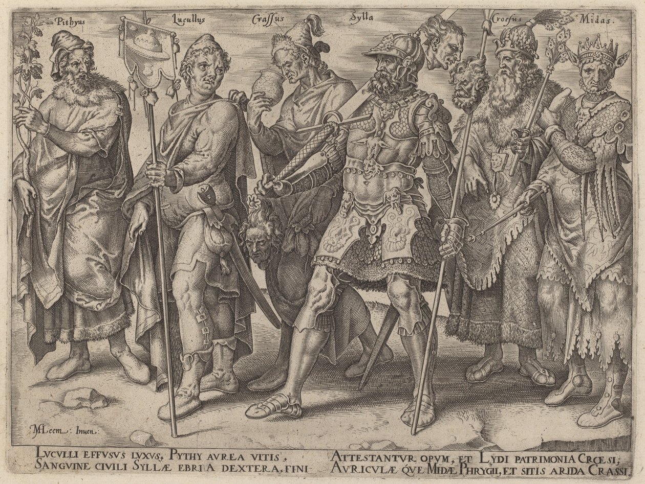 Pythius, Lucullus, Crassus, Sylla, Croesus, Midas (Notorious Examples of Wealth from Antiquity) by Philip Galle, after Maerten van Heemskerck