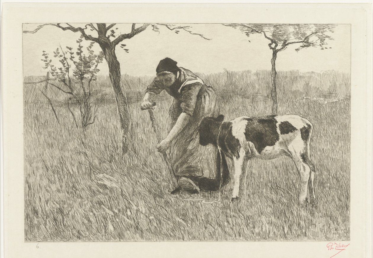 Peasant Woman Digging by Calf (Le veau) by Philip Zilcken (signed by artist)