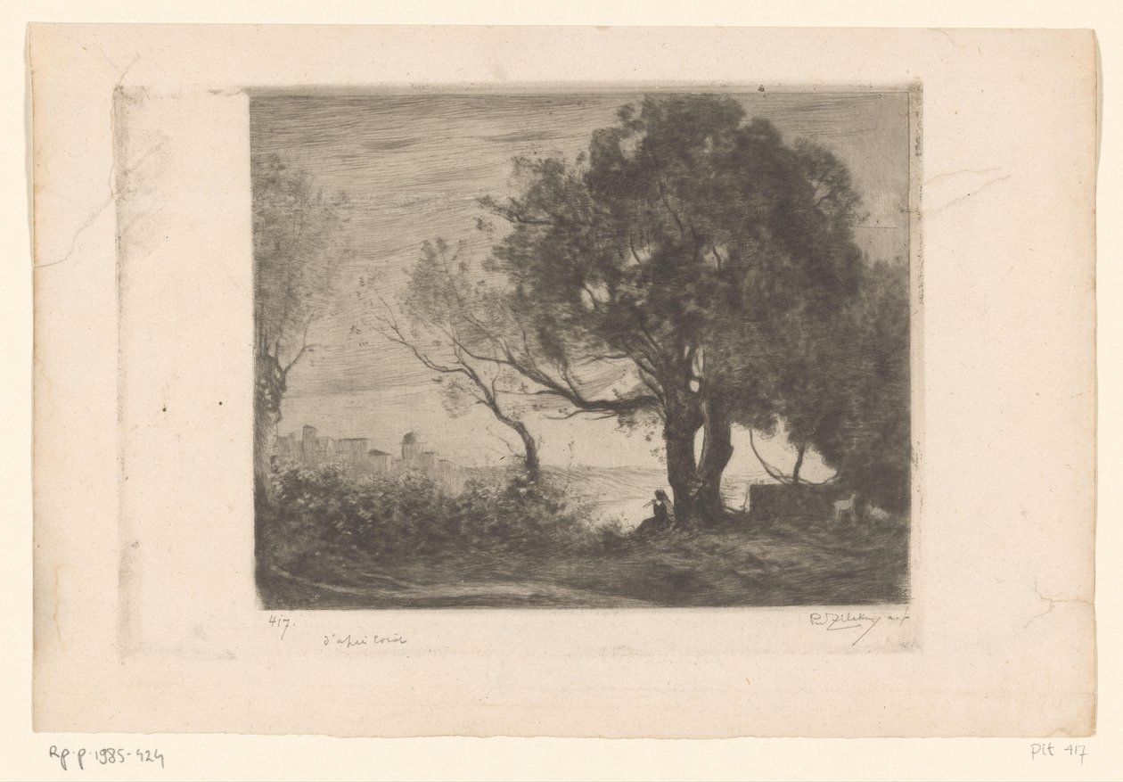 Landscape with flutist under a tree and silhouette of a city by Philip Zilcken (signed by artist)