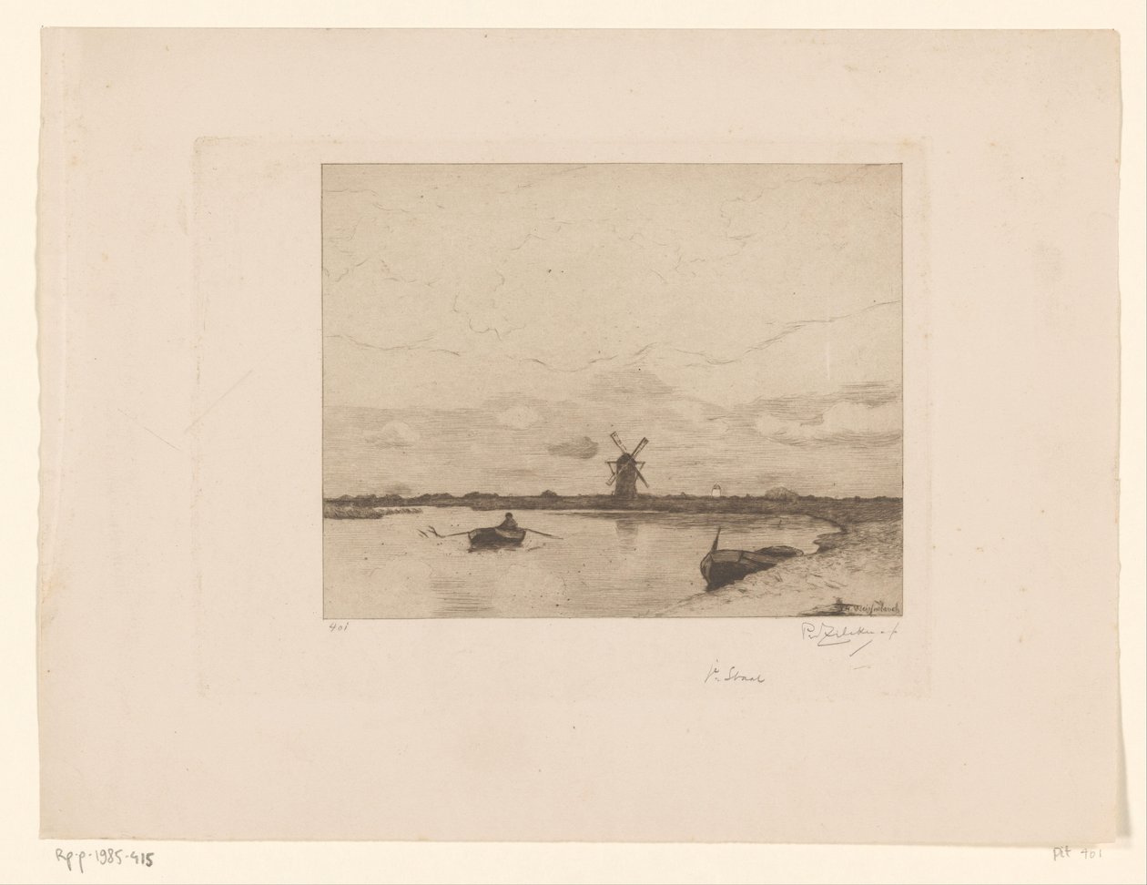Canal with Rowboat in Meadow Landscape with Mill by Philip Zilcken (signed by artist)