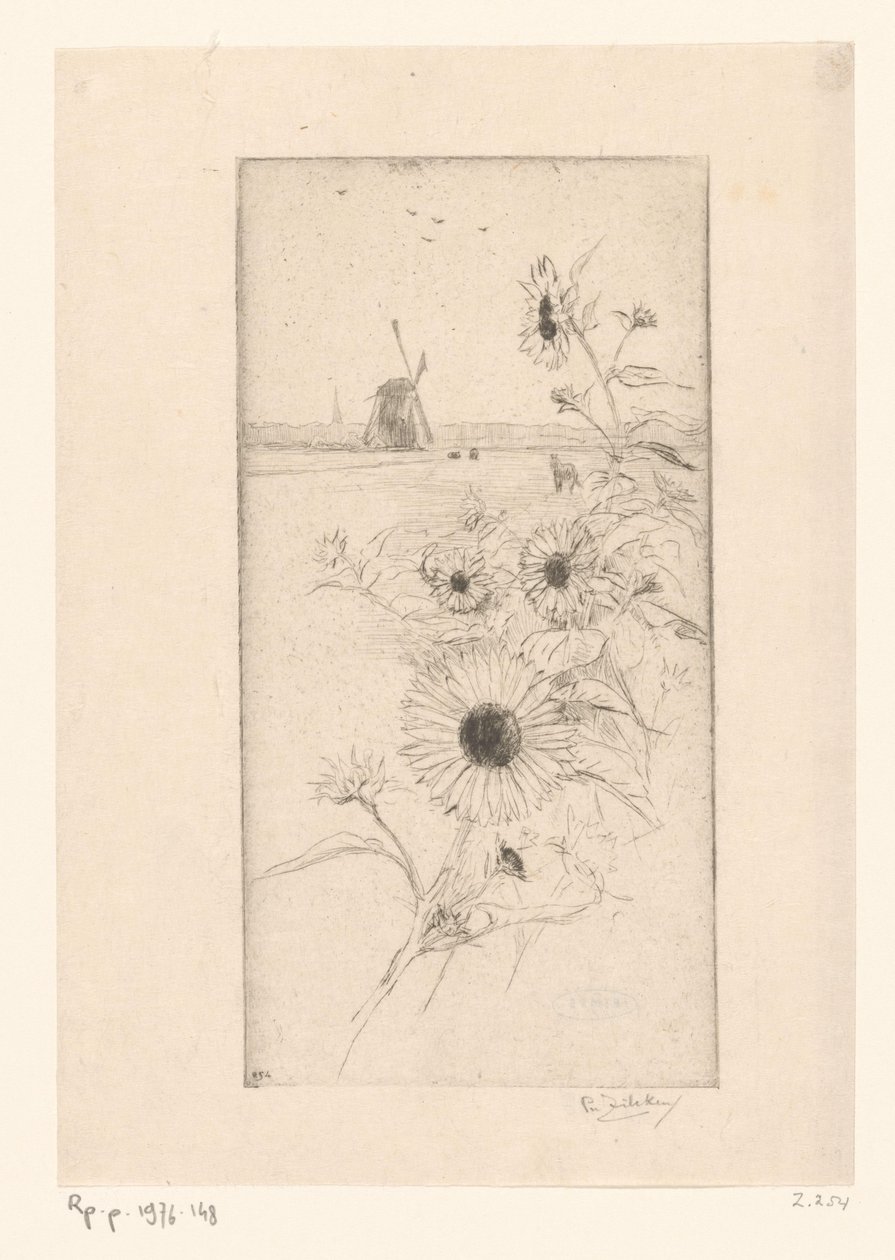 Sunflowers Before a Meadow Landscape with Horses and Mill by Philip Zilcken (signed by artist)