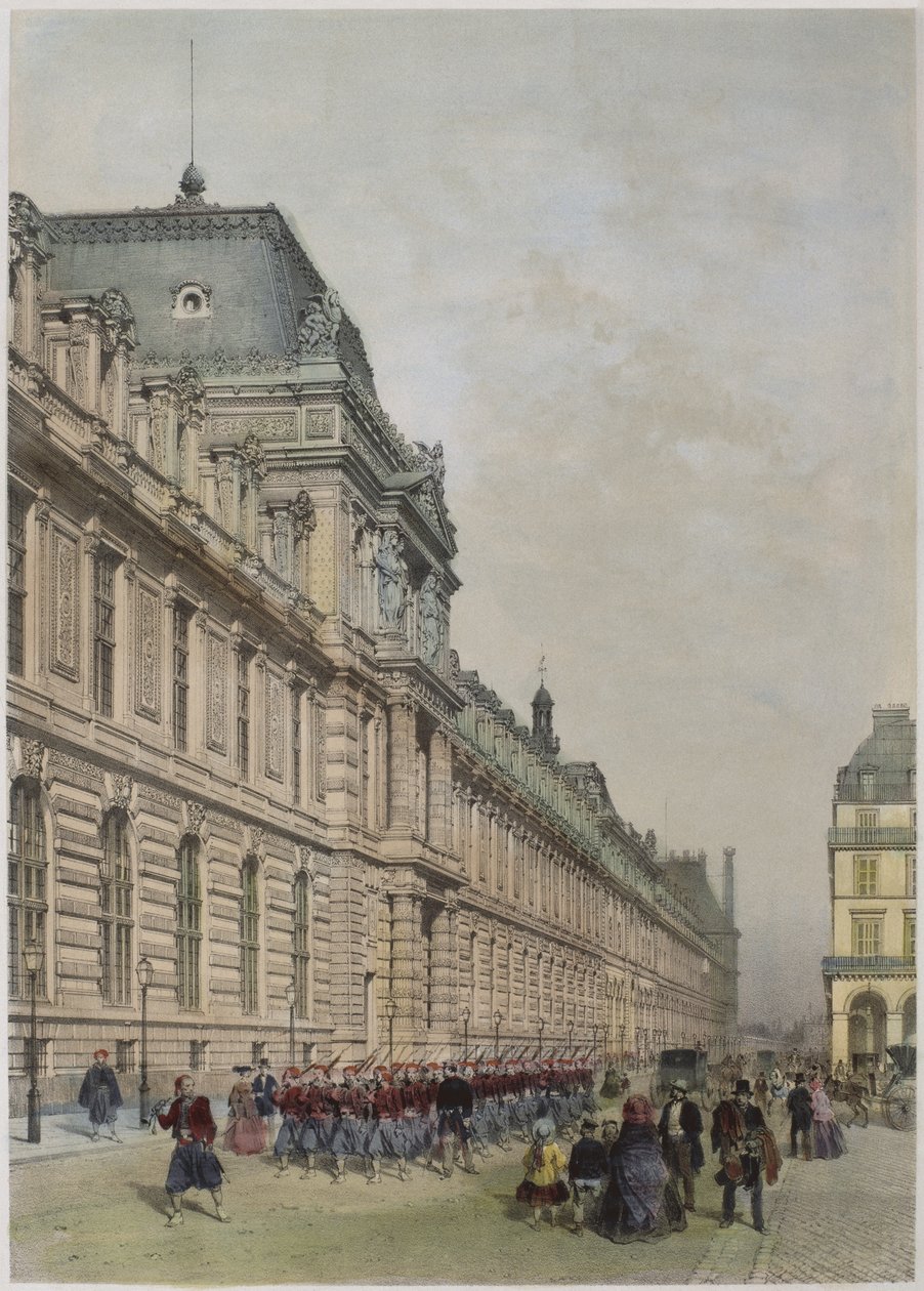 View of the new facade of the Louvre on rue de Rivoli, illustration ...