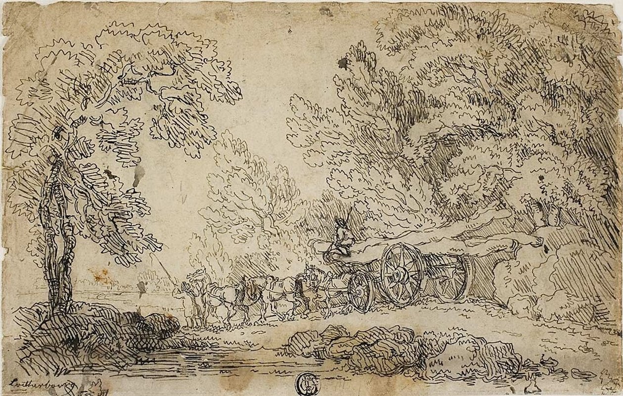 Hauling Logs in a Forest (front); Sketches of People in Various Activities (back) by Philippe Jacques de Loutherbourg II