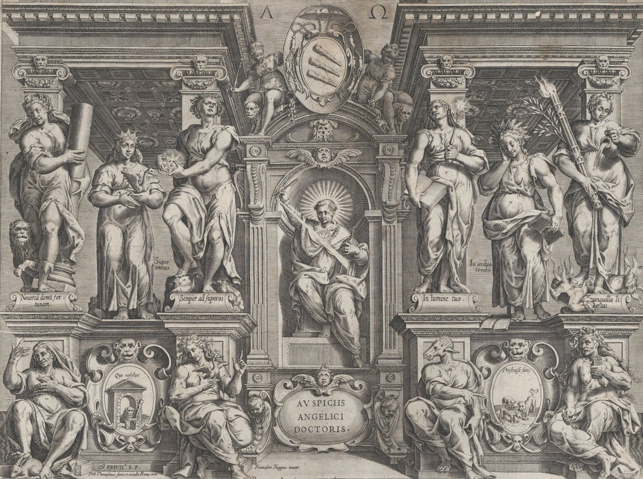 Allegorical thesis print with various figures, set in an architectural structure by Philippe Thomassin