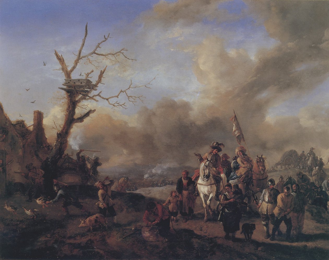 Approaching Troop of Soldiers with Sutlers and Children, Plundering a ...