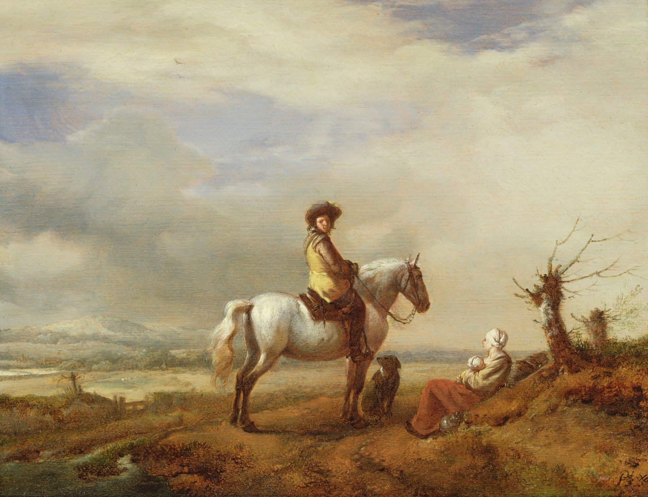 Man on a horse with a woman and child by Philips Wouwerman