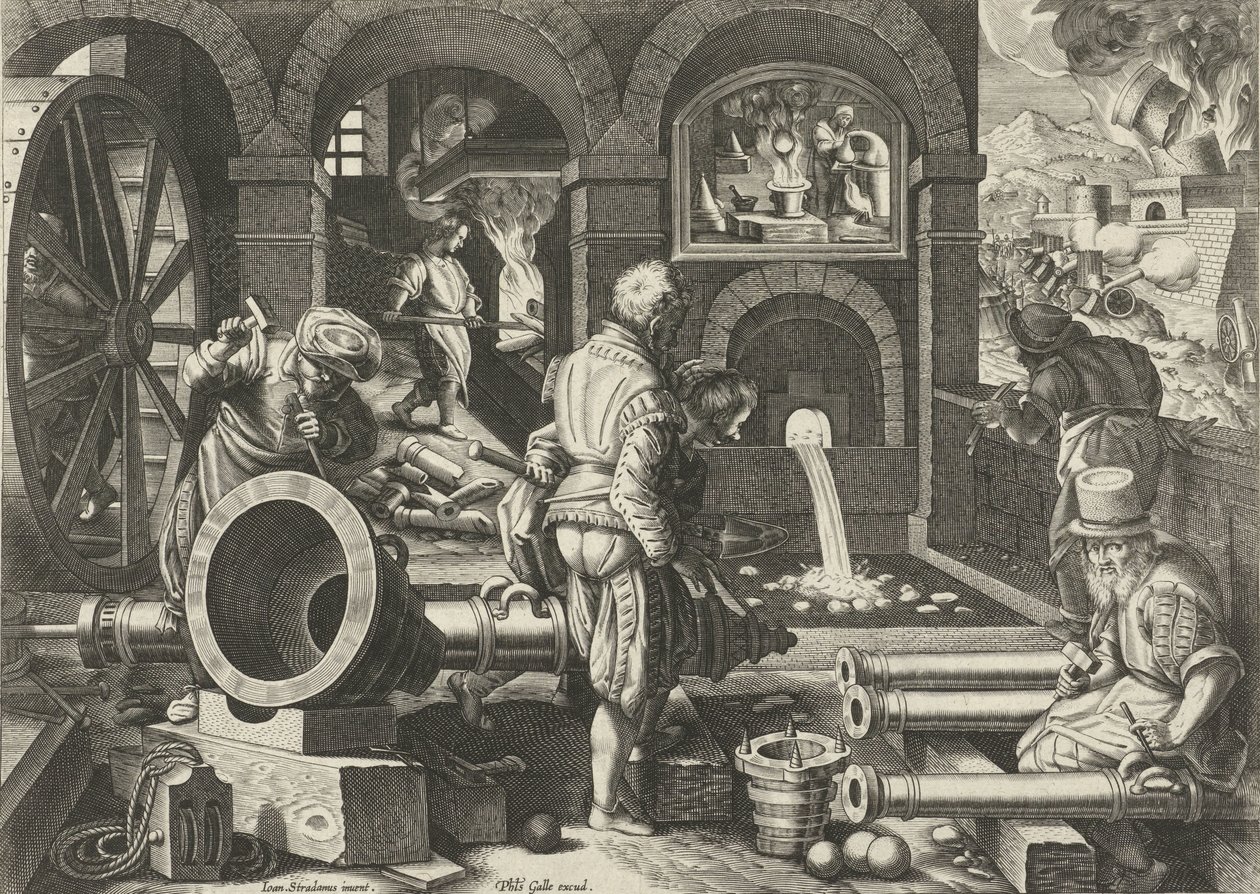 Artillery Workshop (series title: New Inventions and Discoveries) by Philips Galle (attributed to workshop of)