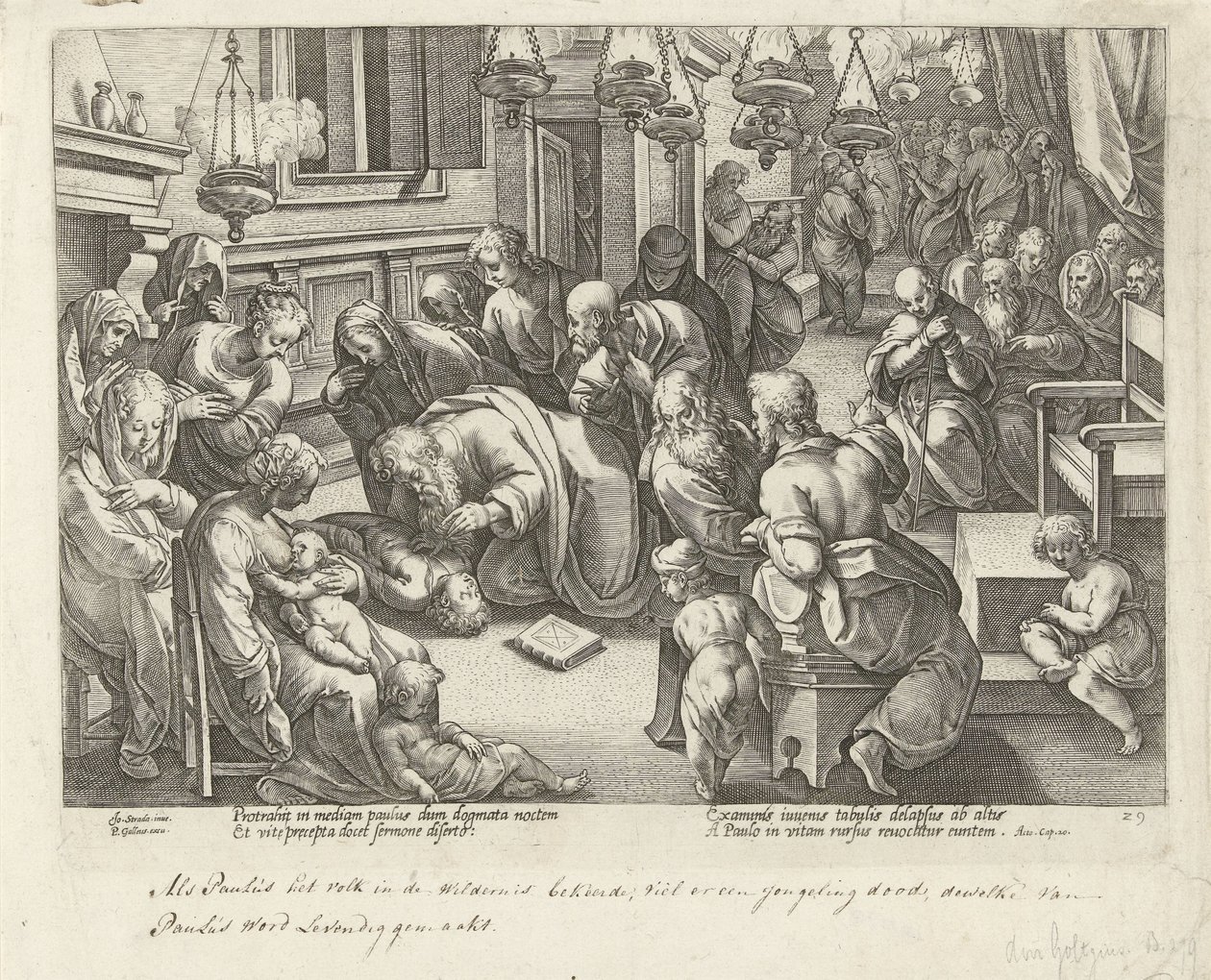 Paul Revives Eutychus (Acts of the Apostles) by Philips Galle (workshop of)