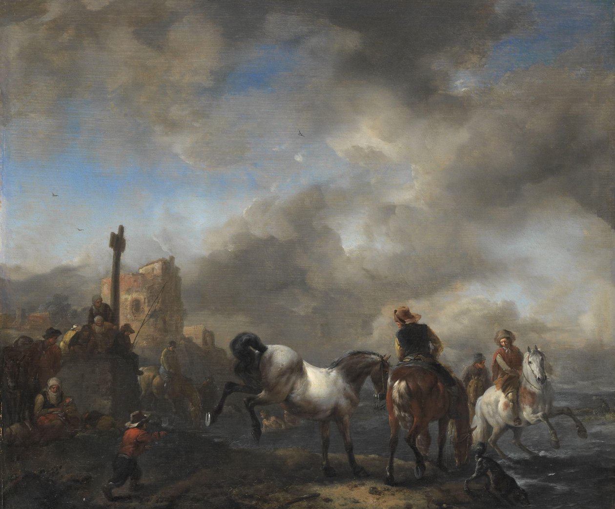 Horsepond near a Boundary Stone by Philips Wouwerman