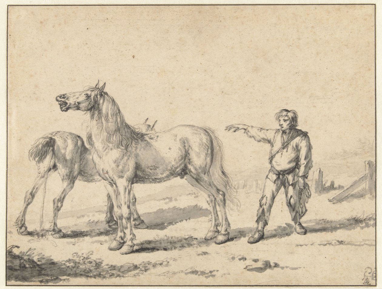 Two Horses, One Urinating and the Other Whinnying, and a Standing Man with His Right Arm Raised by Philips Wouwerman