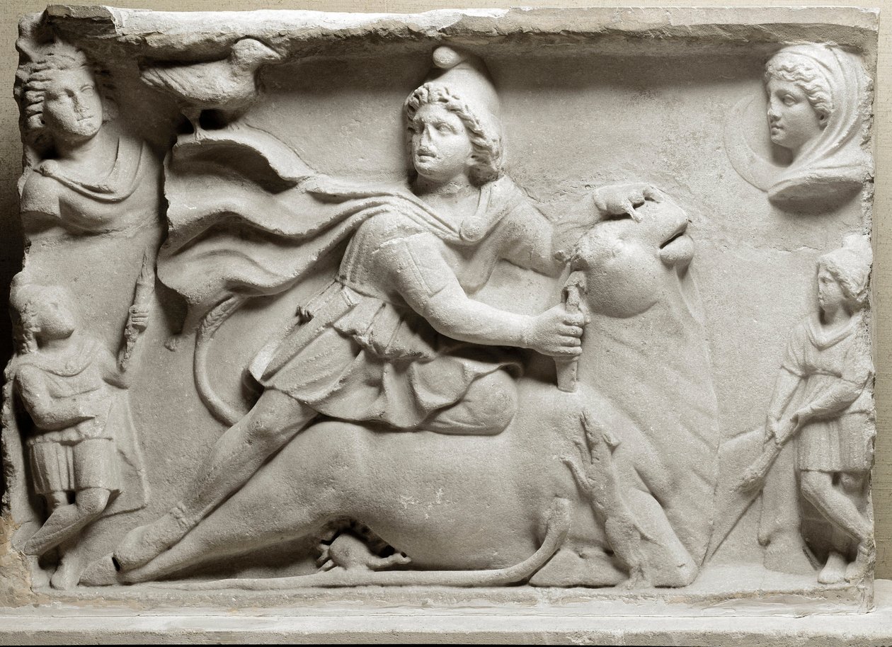 Civilization of the Phoenicians: sacrifice scene depicting the divinity Mithra immolating the bull. 2nd or 3rd century AD. Marble relief. Paris, Louvre Museum by Phoenician Phoenician