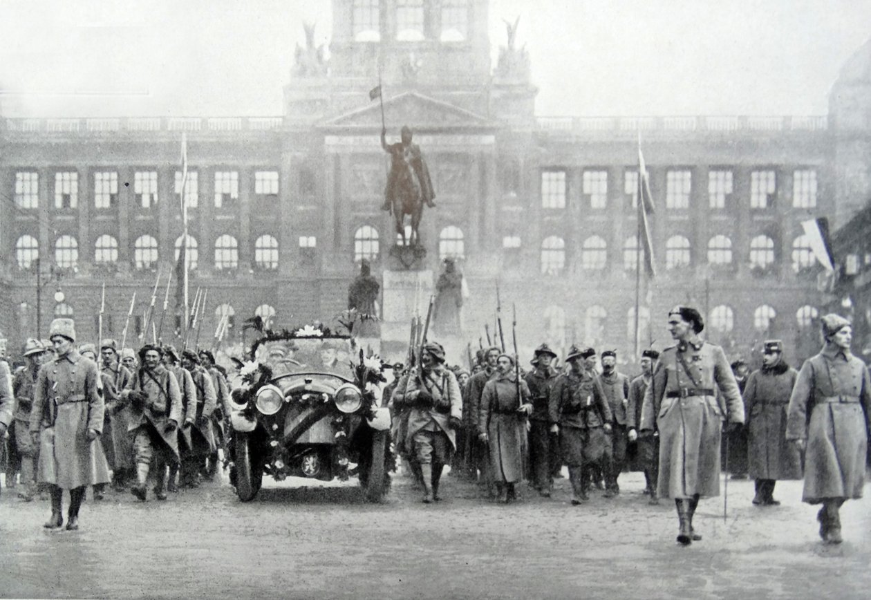 Czech troops accompany President Thomas Masaryk in Prague, 25th December 1918 by Photographer Czech