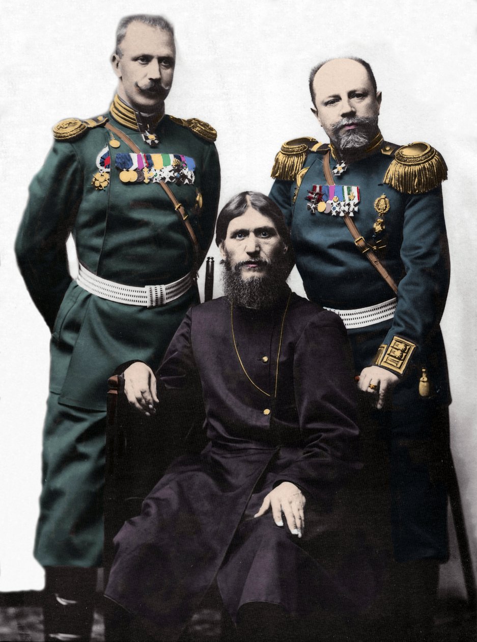 Grigory Rasputin with Captain von Lohman, and Prince Colonel Putyatin