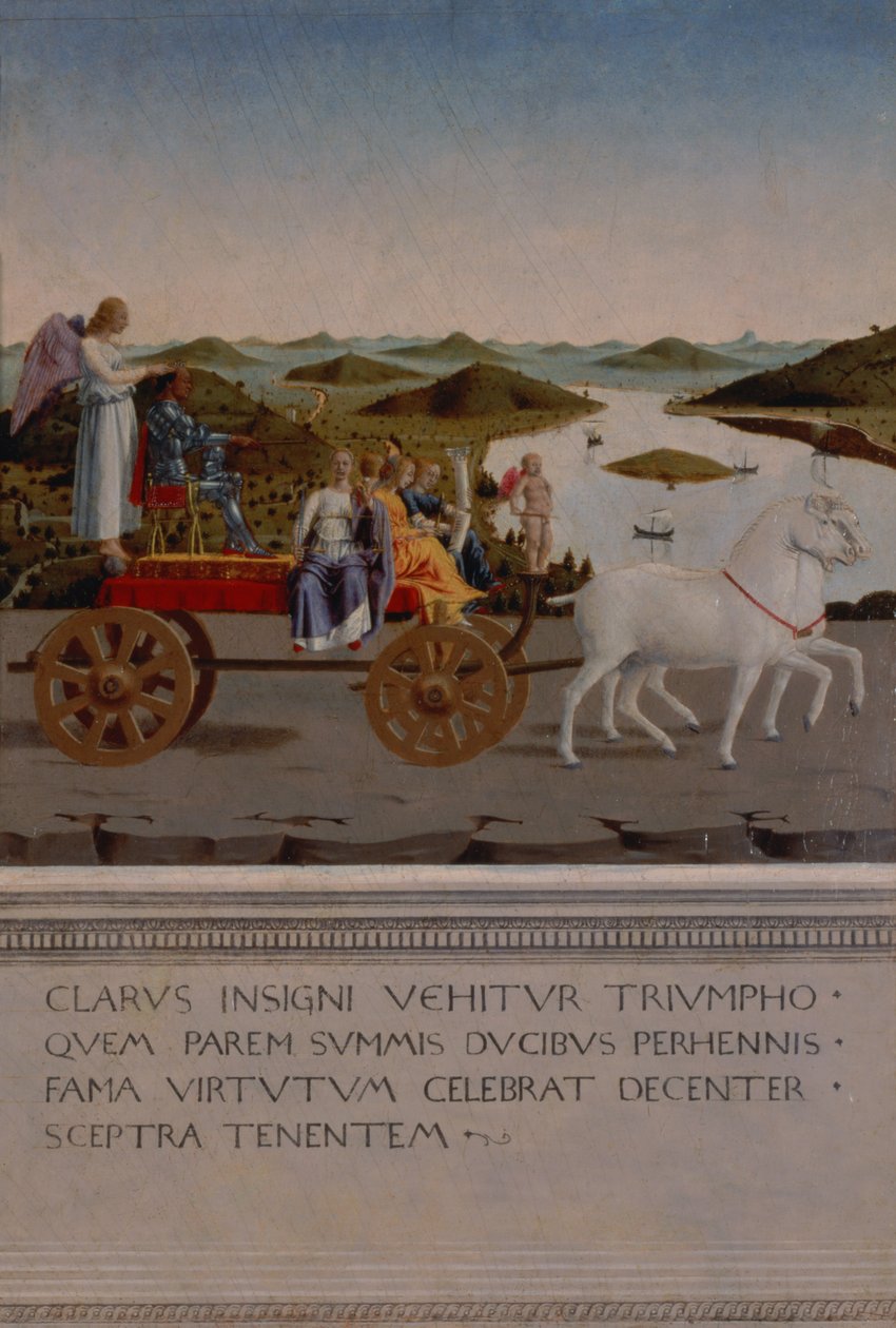 Triumph of Federigo da Montefeltro, Duke of Urbino; Federigo and the four Cardinal Virtues in a triumphal car drawn by white unicorns, winged Victory holding the ducal coronet, painted after 1474 by Piero della Francesca
