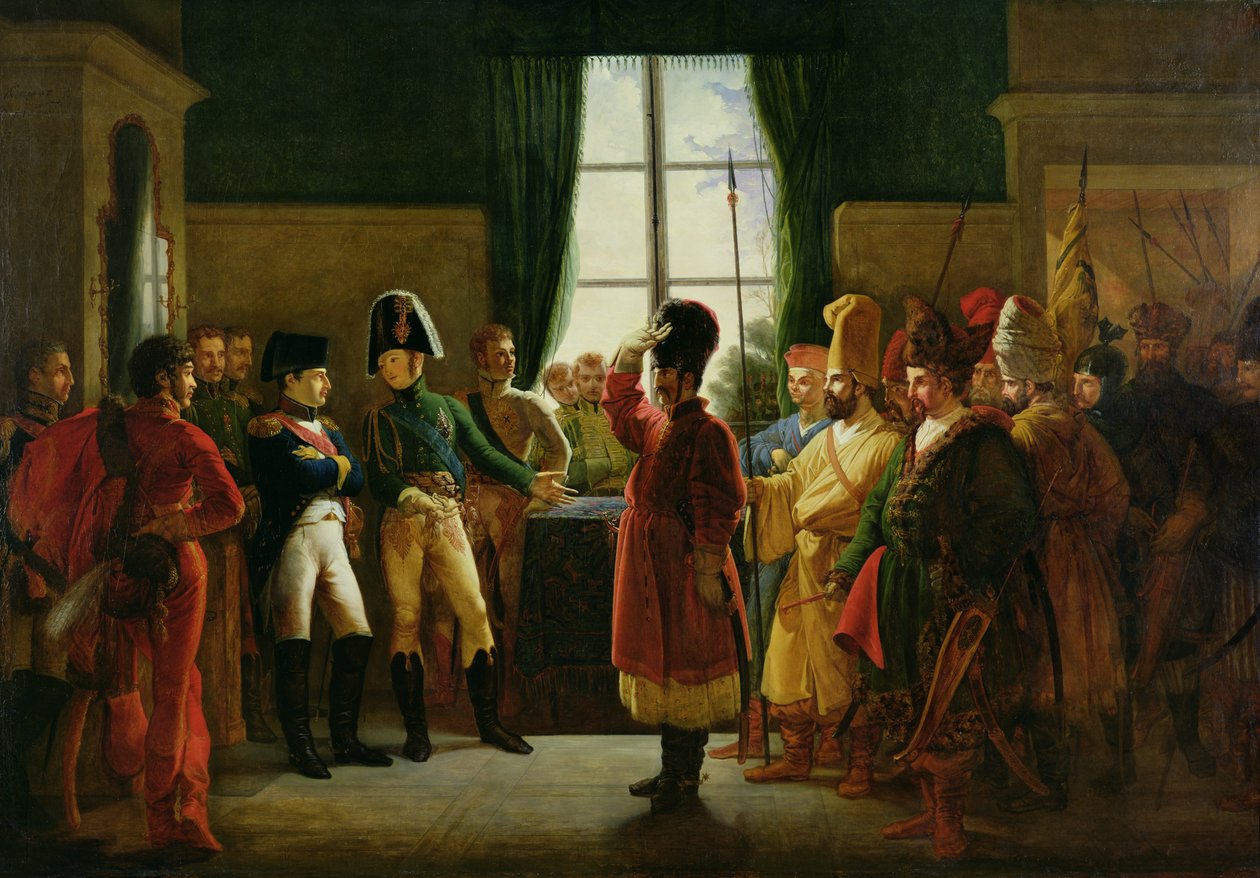 Alexander I Presenting the Kalmuks, Cossacks and Bashkirs to Napoleon I at Tilsit in July 1807 by Pierre Nolasque Bergeret