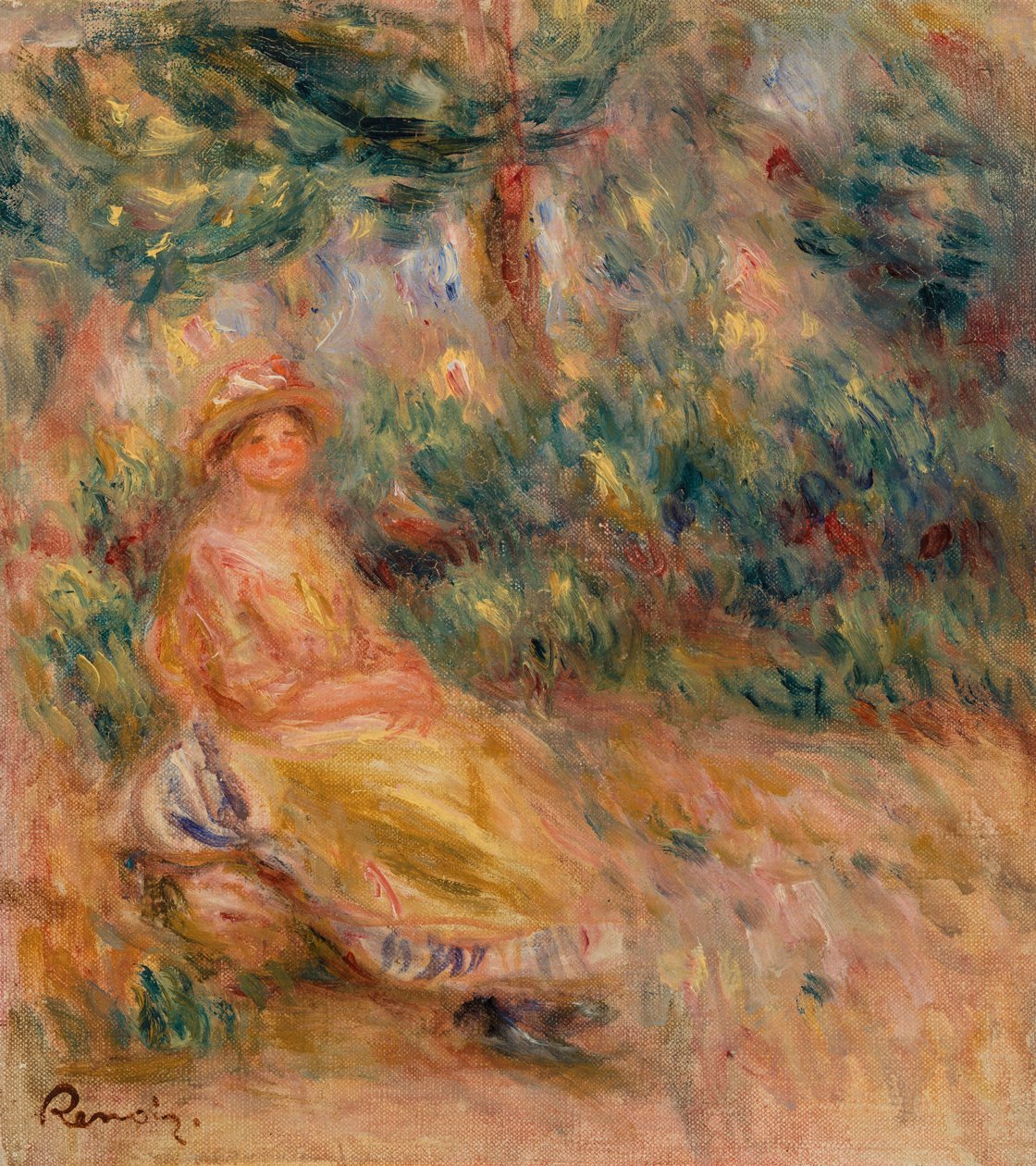 Woman in Pink and Yellow in a Landscape by Pierre-Auguste Renoir