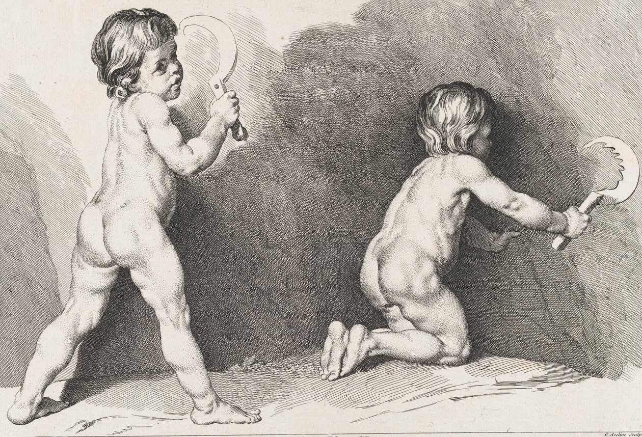 Two nude children standing, from New Book of Children by Pierre Alexandre Aveline