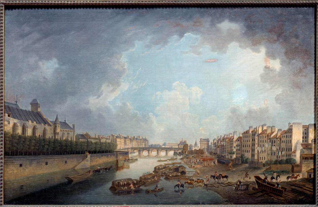The arch, the bridge of the Tournelle and the Quai Saint Bernard seen from the hotel dieu. View of Paris by Pierre-Antoine Demachy