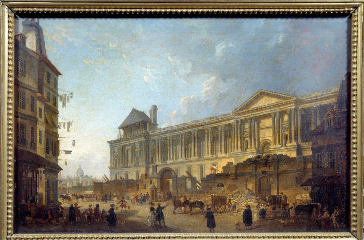 View of the colonnade of the Louvre. Street scene with construction site in front of the Palais du Louvre by Pierre-Antoine Demachy