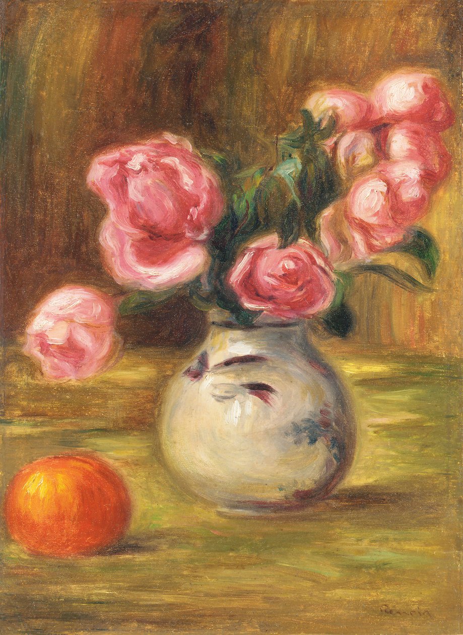 Vase of Roses and an Orange by Pierre-Auguste Renoir