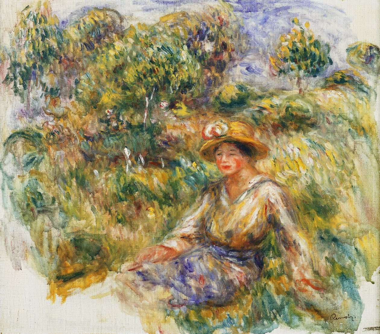 Woman in a Blue Hat sitting on the Grass by Pierre Auguste Renoir