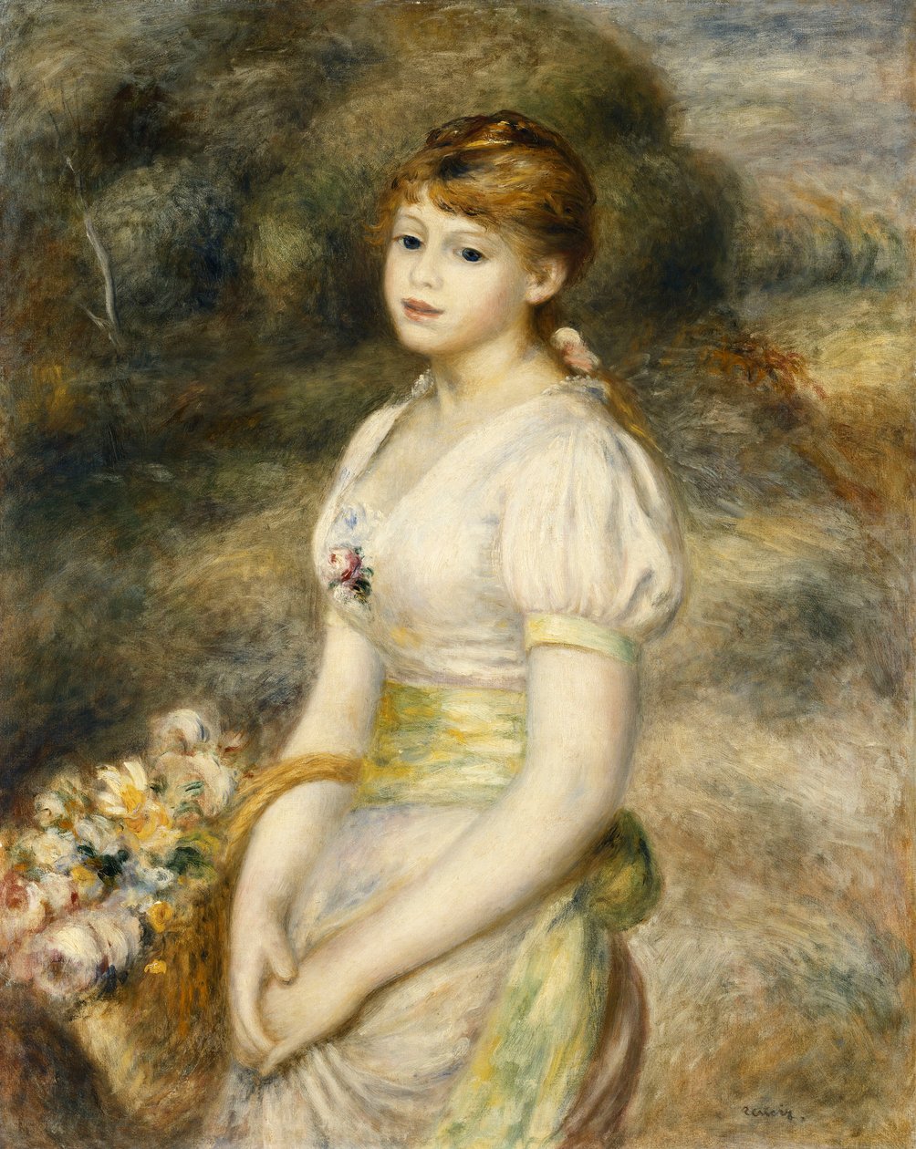 Young Girl Carrying a Basket of Flowers