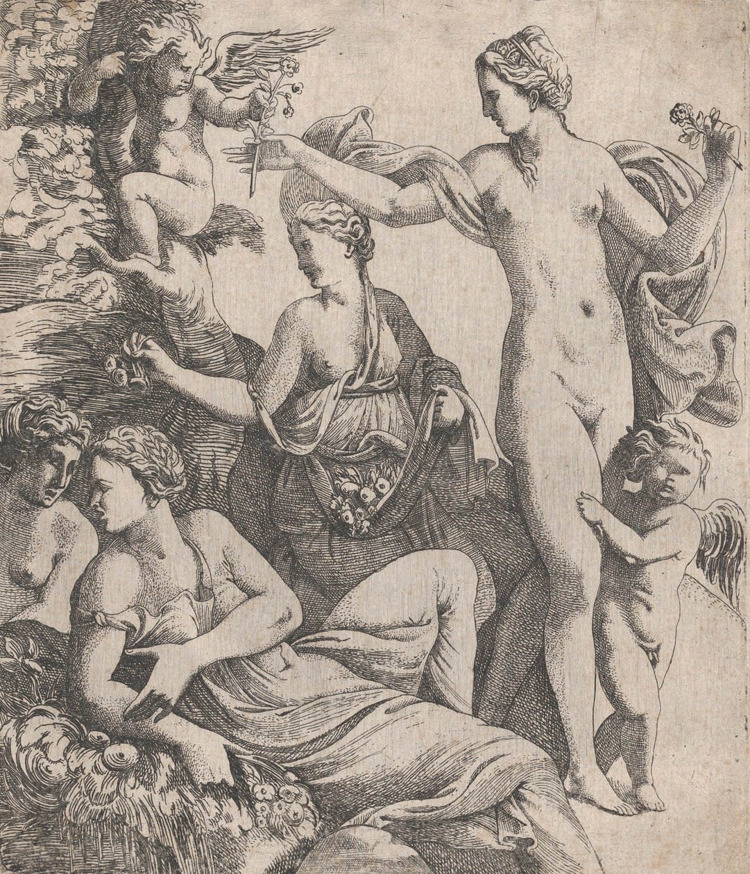 Venus, standing with the three Graces, is offered a flower from a putto, 1607-61 by Pierre Biard