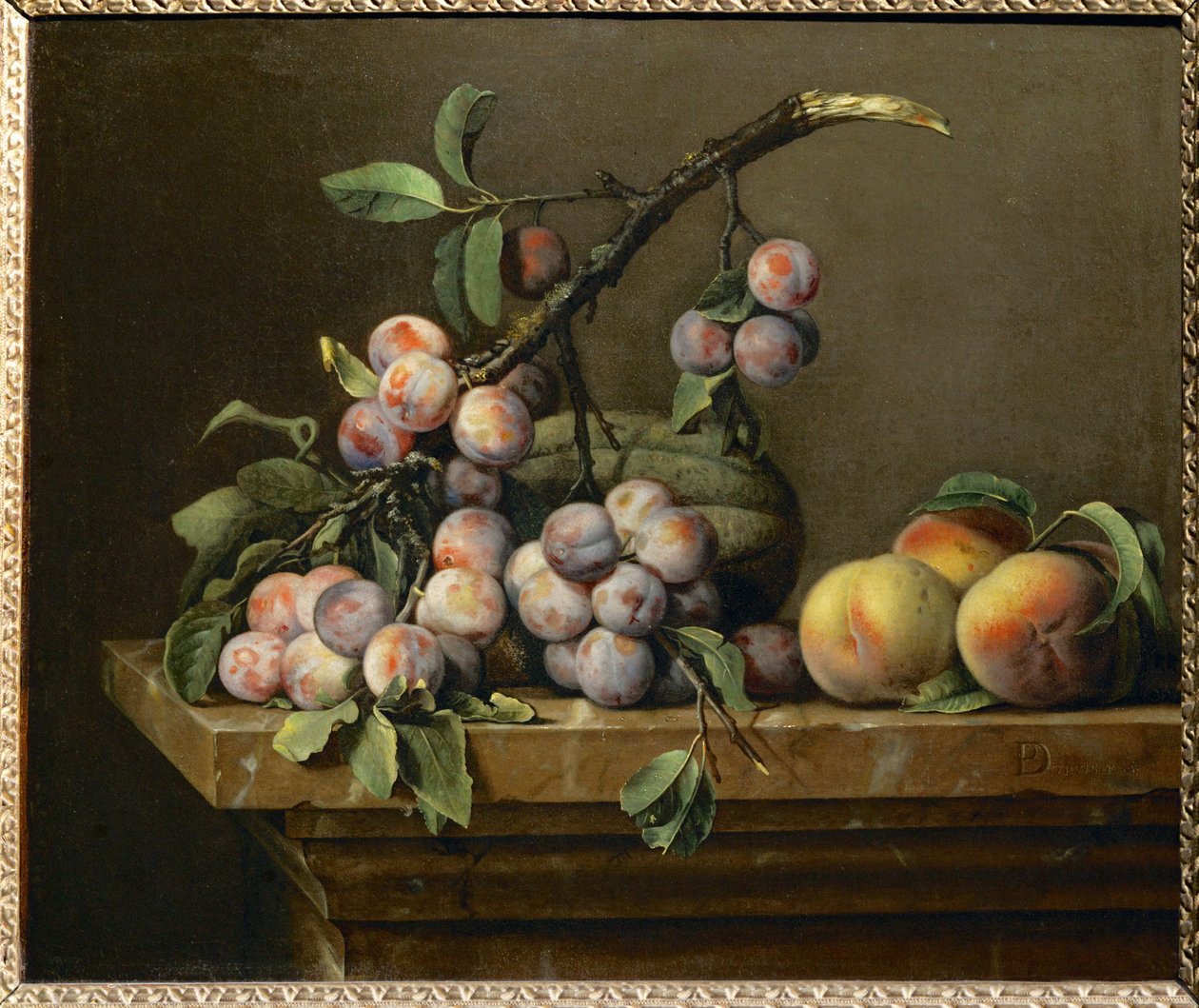 Prunes, Squashes and Peaches on a Marble Table by Pierre Dupuis