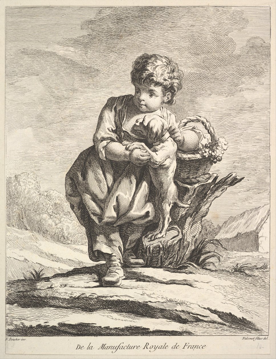 Child with a dog, holding a basket of grapes, from Premier Livre de Figures by Pierre Etienne Falconet
