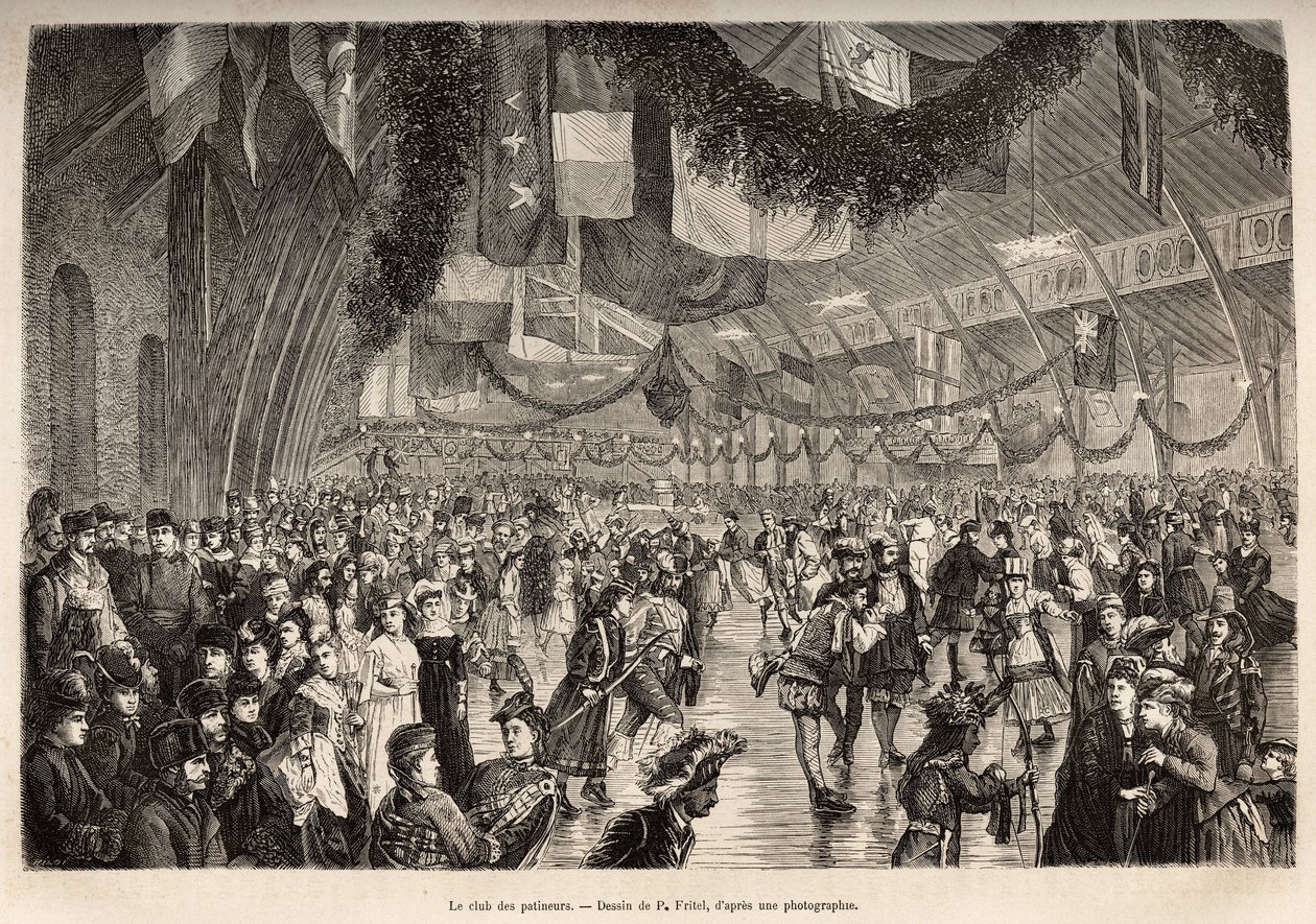 The Montreal Skaters Club at a Costume Skating Evening (engraved after a drawing by P. Fritel, illustrating the excursion to Canada and the Riviere Rouge du Nord by H. De Lamotte, published in 