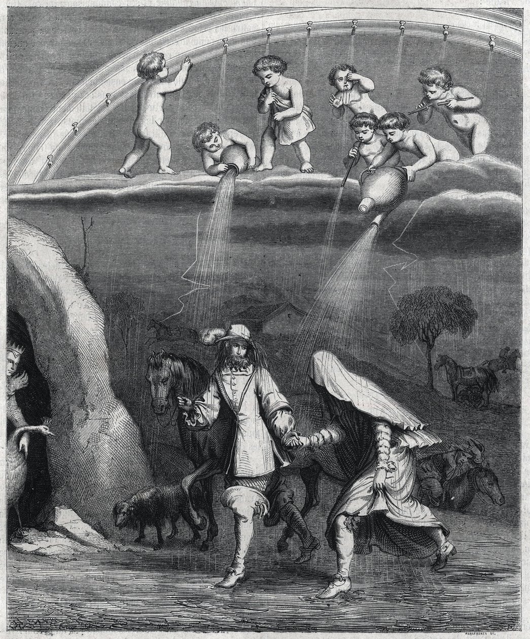 Aeneas and Dido surprised by the rain in the forest. Illustration of 