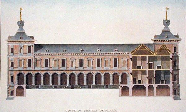 Cross Section of Chateau at Ronse, Belgium, from Choix des Monuments, Edifices et Maisons les plus remarquables du Royaume des Pays-Bas by Pierre Jacques Goetghebuer, published 1827 by Pierre Jacques Goetghebuer