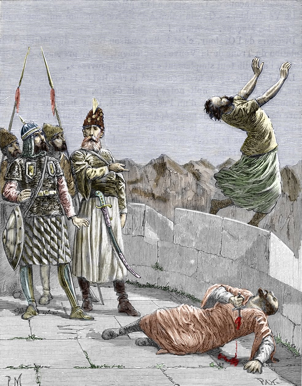 Ismaili sect of the east or murderers founded by Hassan ibn al-Sabbah (1036-1124), known as the old man of the Mountain, rep ordering two of his fanatic followers to kill themselves, Alamut, Persia, around 1096 (Nizari Ismailism: representation of Hassan by Pierre Mejanel