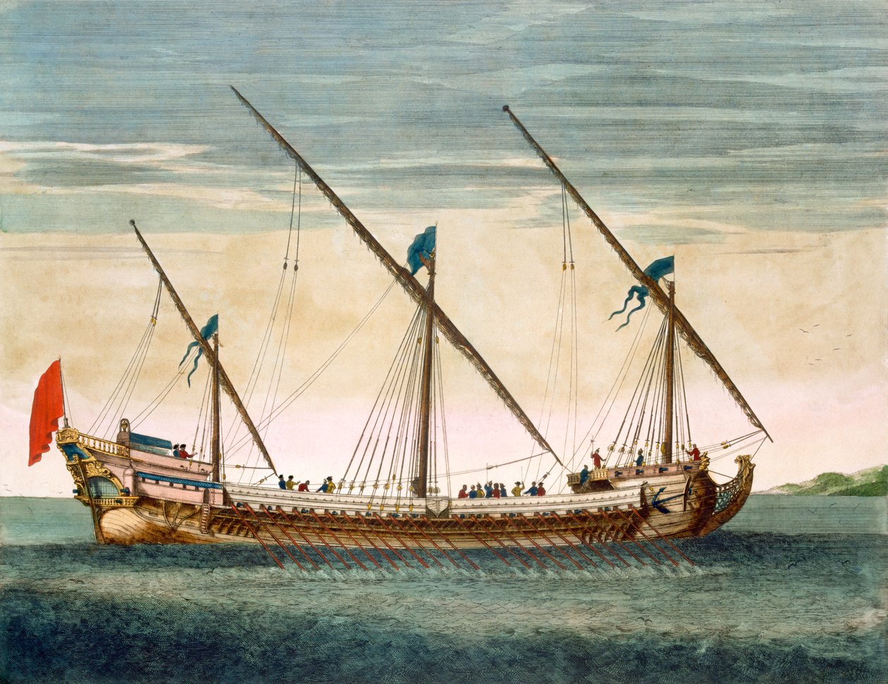 A three-masted Galleass under way by oar, from Le Neptune Francois, c.1693-1700 by Pierre Mortier