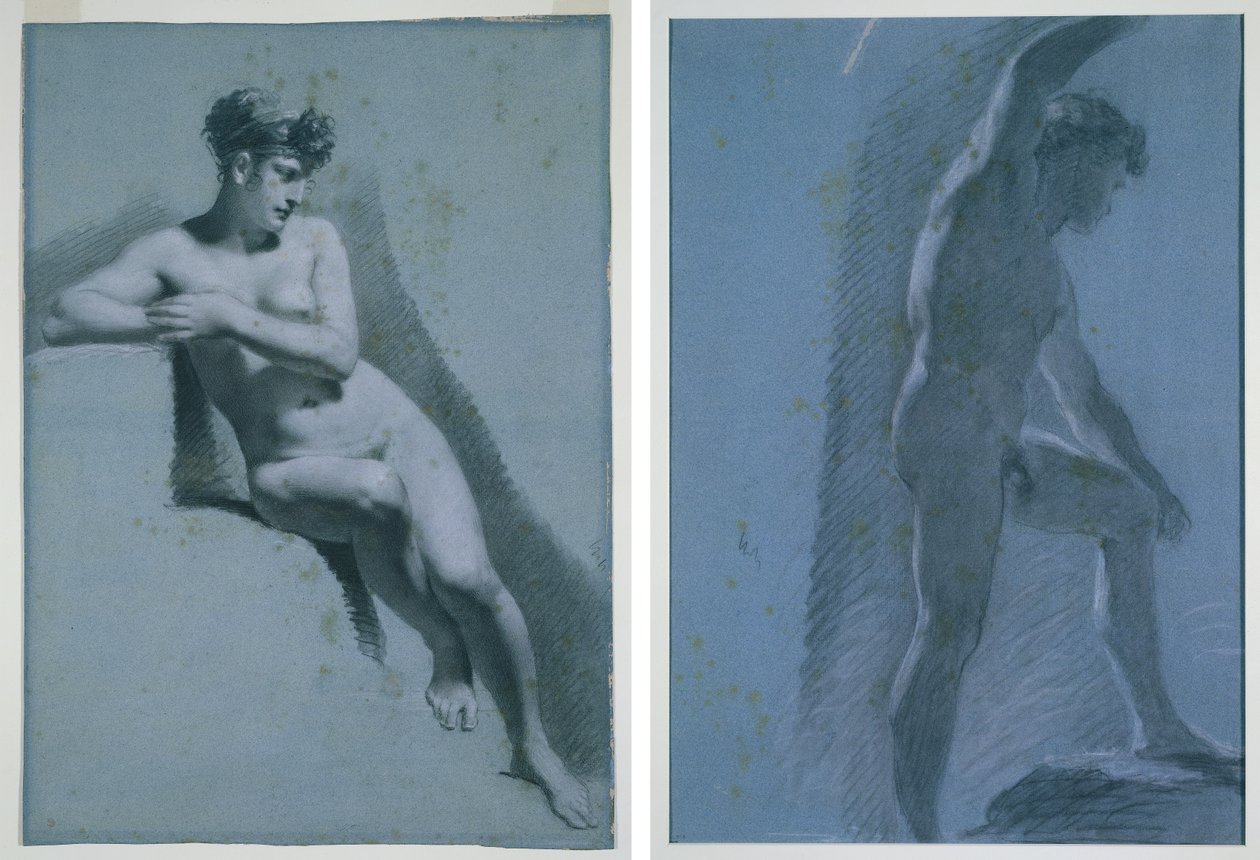Study of a Nude Woman, Seated Looking to the Right (recto) Study of a Male Nude (verso) by Pierre Paul Prud