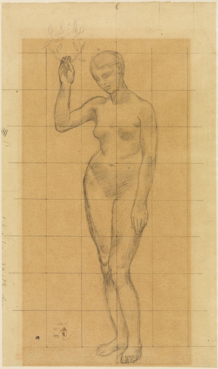 Standing Female Nude, Diagonally to the Left, Holding a Wreath in the Raised Right Hand by Pierre Puvis de Chavannes