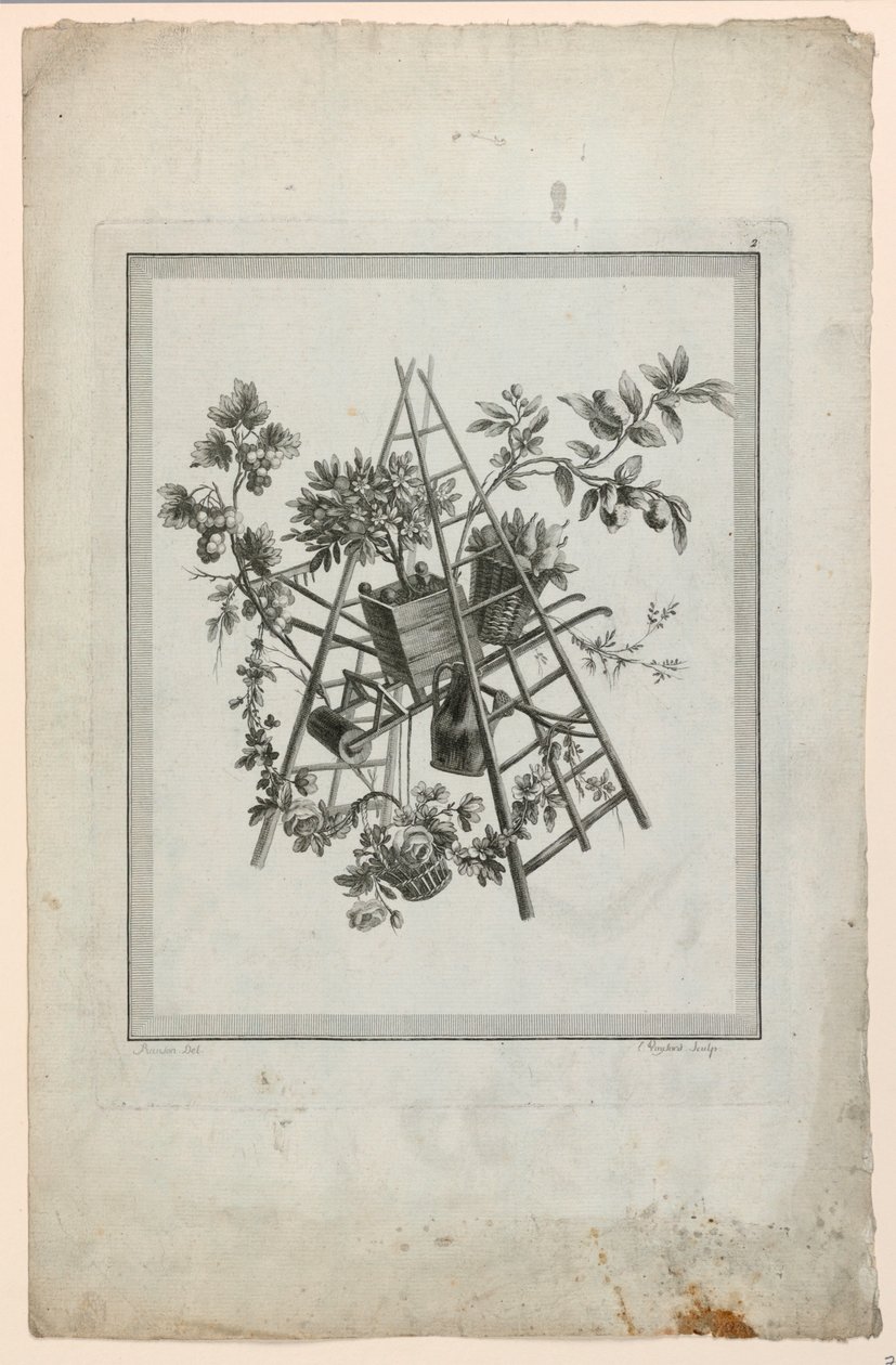 Trophy with Instruments of Gardening, Plate 2 from Suite of Different Attributes, Trophies, and Groups of Flowers, Suite II by Pierre Ranson