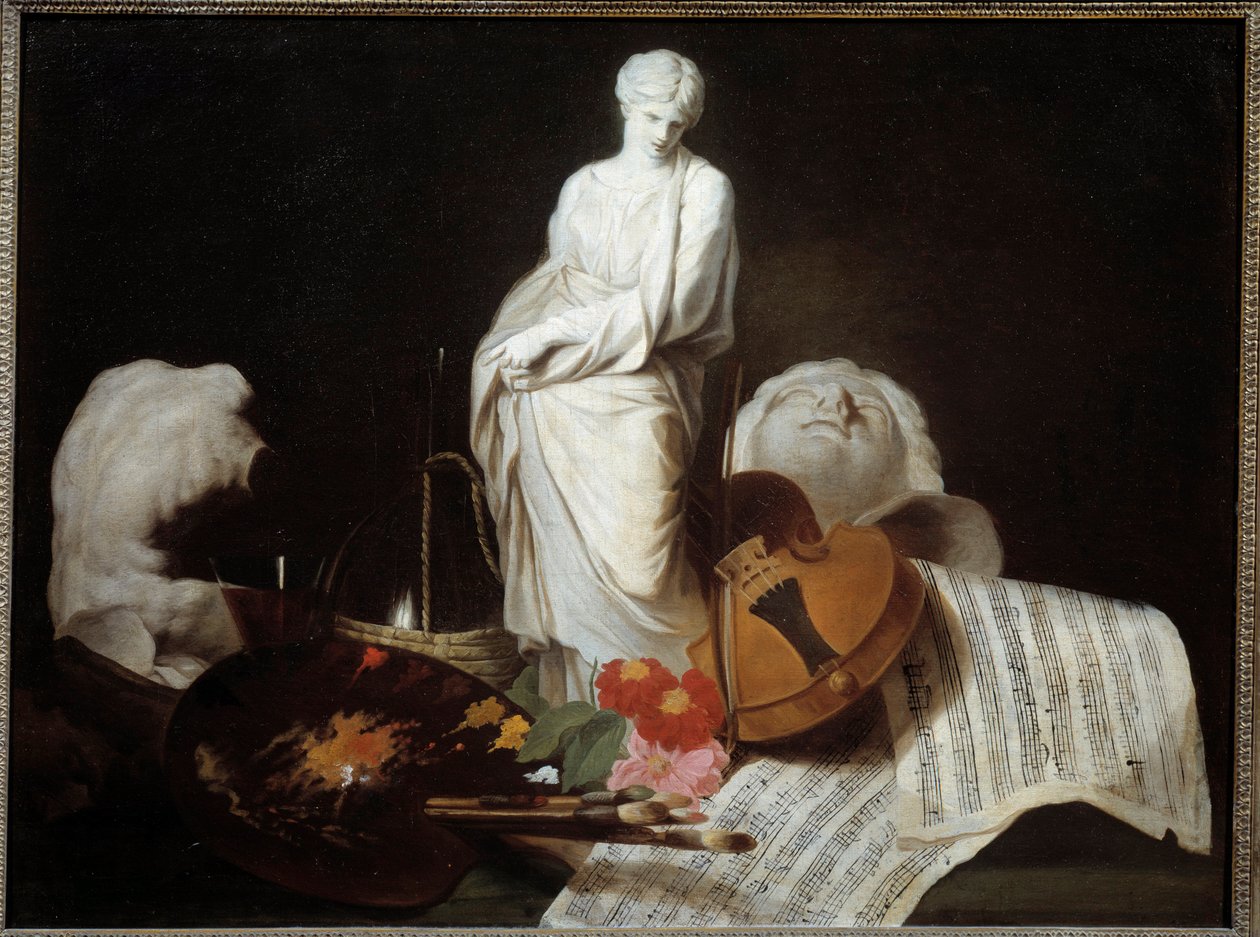 The attributes of the Arts: Palette of painter, violin, scores, sculpture by Pierre Subleyras by Pierre Subleyras