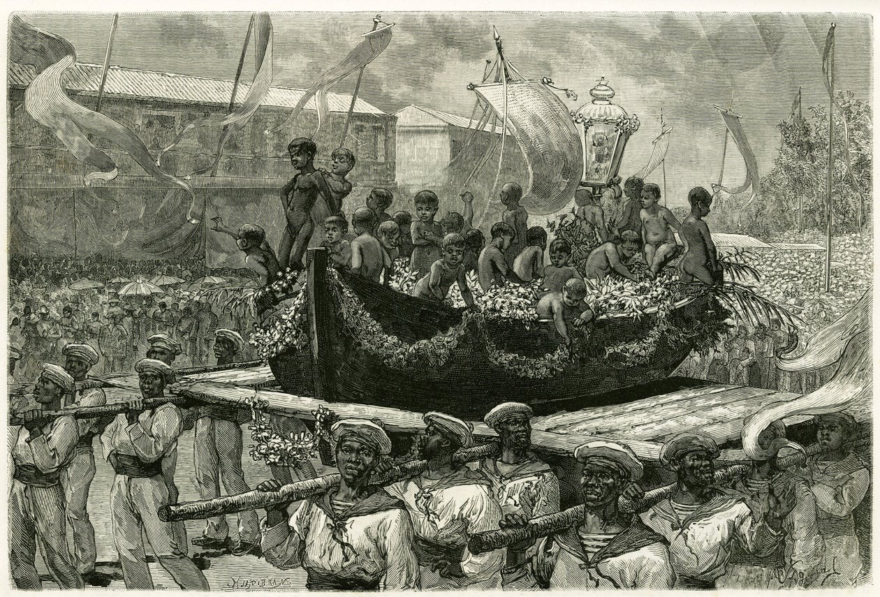 The procession of the Cirio on the eve of All Saints, religious and popular, the image of the Virgin is transported throughout the city on the canoe of a ship that disappeared in 1793, which the survivors offered ex-voto the Miraculous Virgin. Engraving by by Pierre Vignal