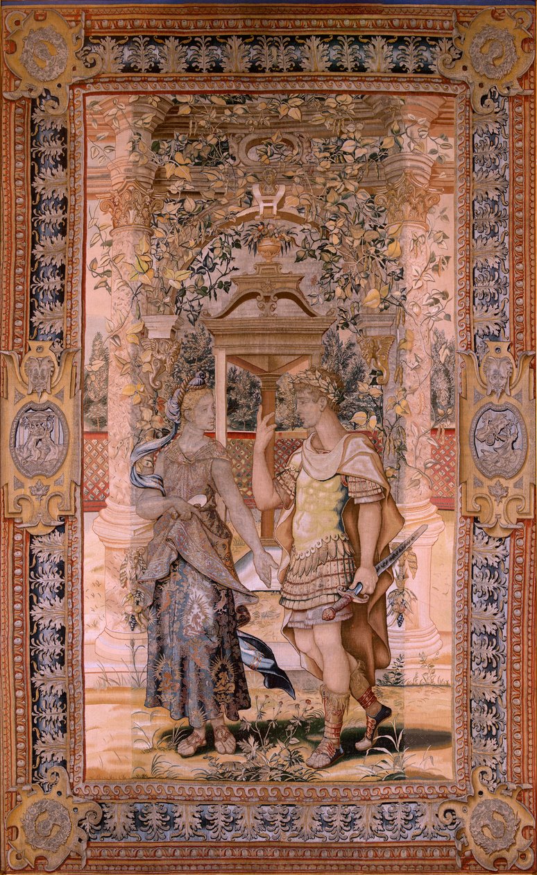 Flemish Tapestry. Series Vertumnus and Pomona. Vertumnus Transformed into a Warrior. Fourth Tapestry in the Series. Model Circle of Pieter Coecke van Aelst. Manufacture Wilhelm Pannemaker, Brussels. Ca1545-1550. Fabric Gold, Silver, Silk and Wool. by Pieter (circle of) Coecke van Aelst